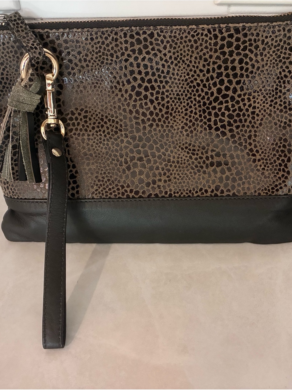 Textured Brown leather Wristlet Clutch - Elegant Evening Bag